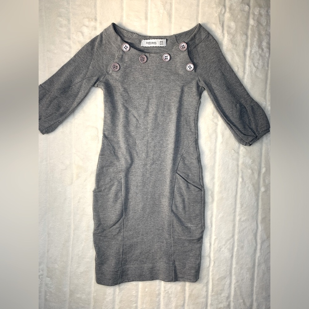 Zara Basics Women’s Small Gray Bodycon Mini Dress 3/4 Sleeve‎ Front Pockets